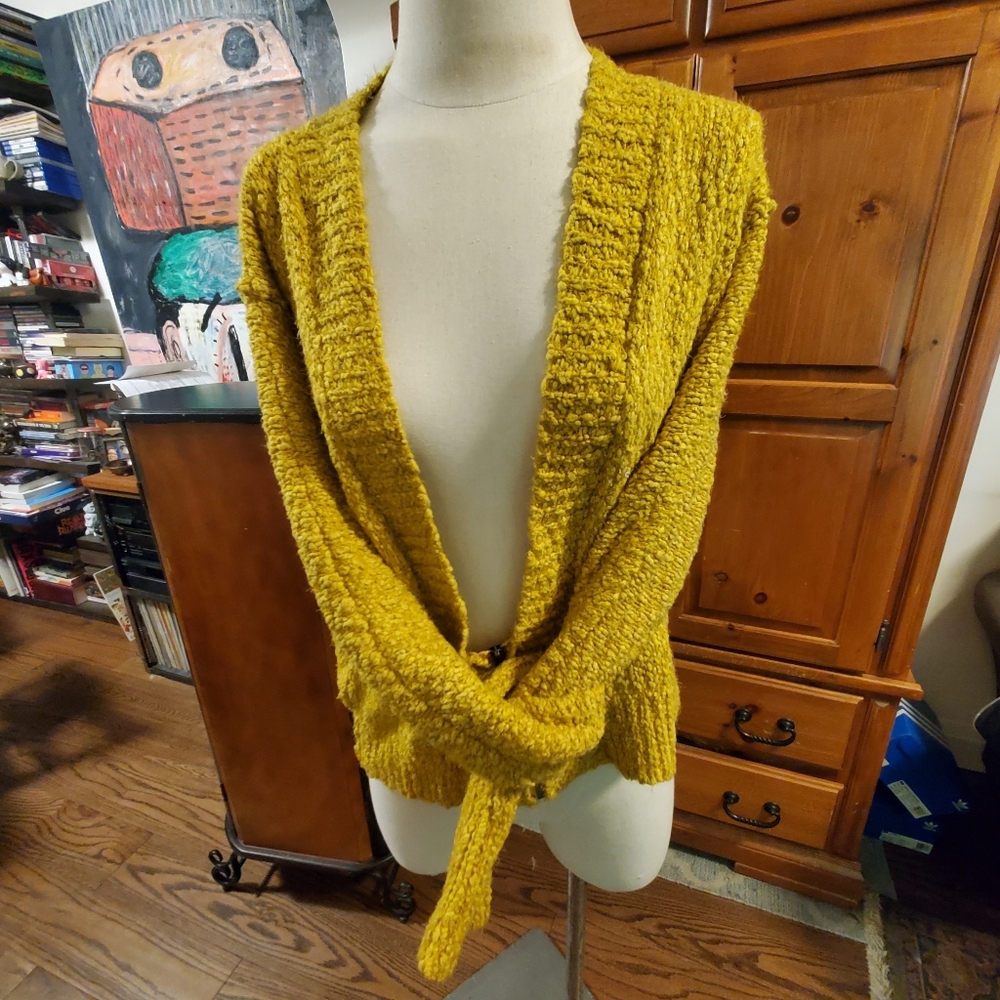 Mustard yellow crochet Whimsy grunge cardigan sweater fuzzy free people Boho - Picture 3 of 9